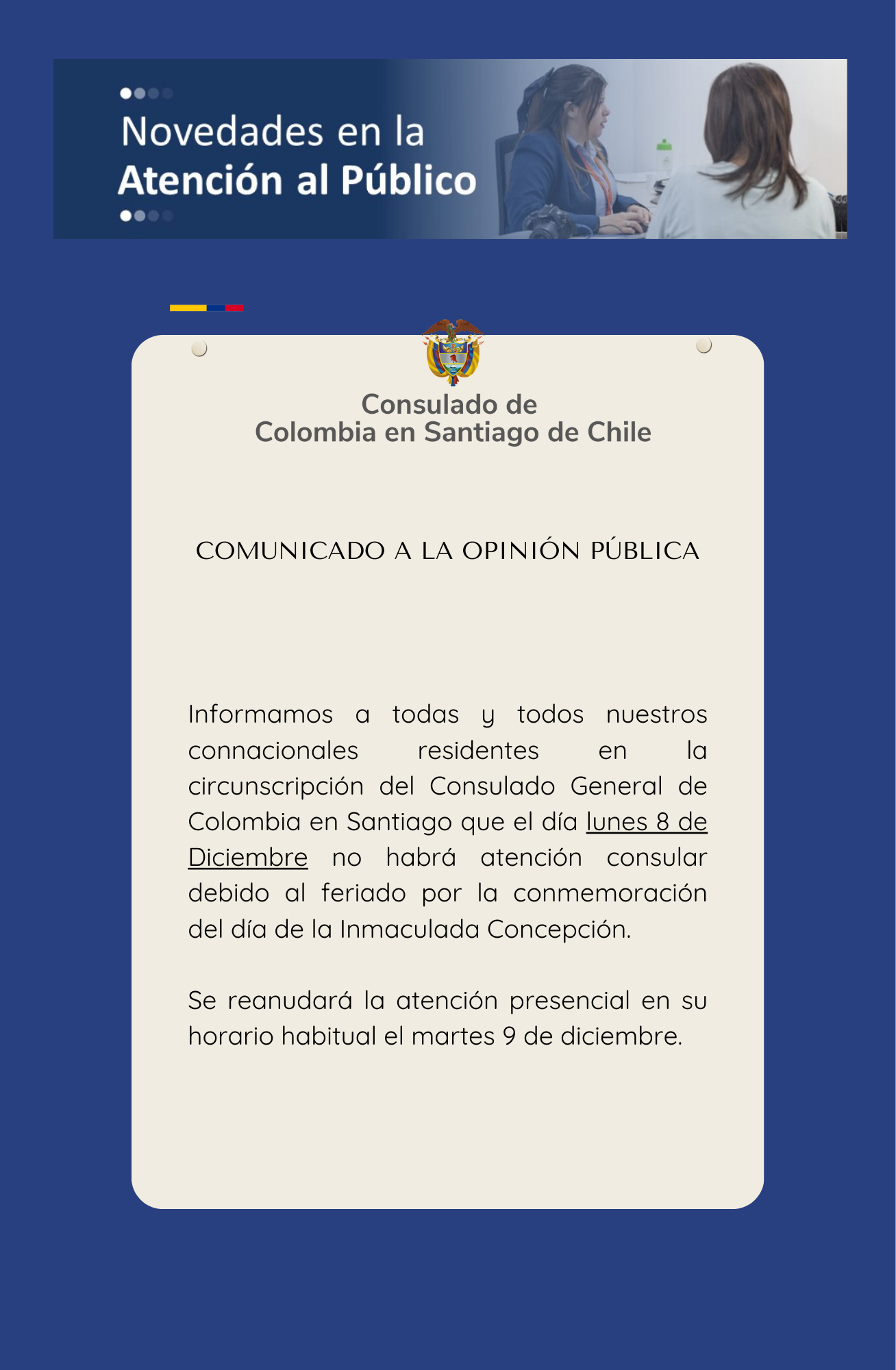 No habrá atención en la sede del Consulado de Colombia en Santiago el lunes 8 de diciembre de 2025