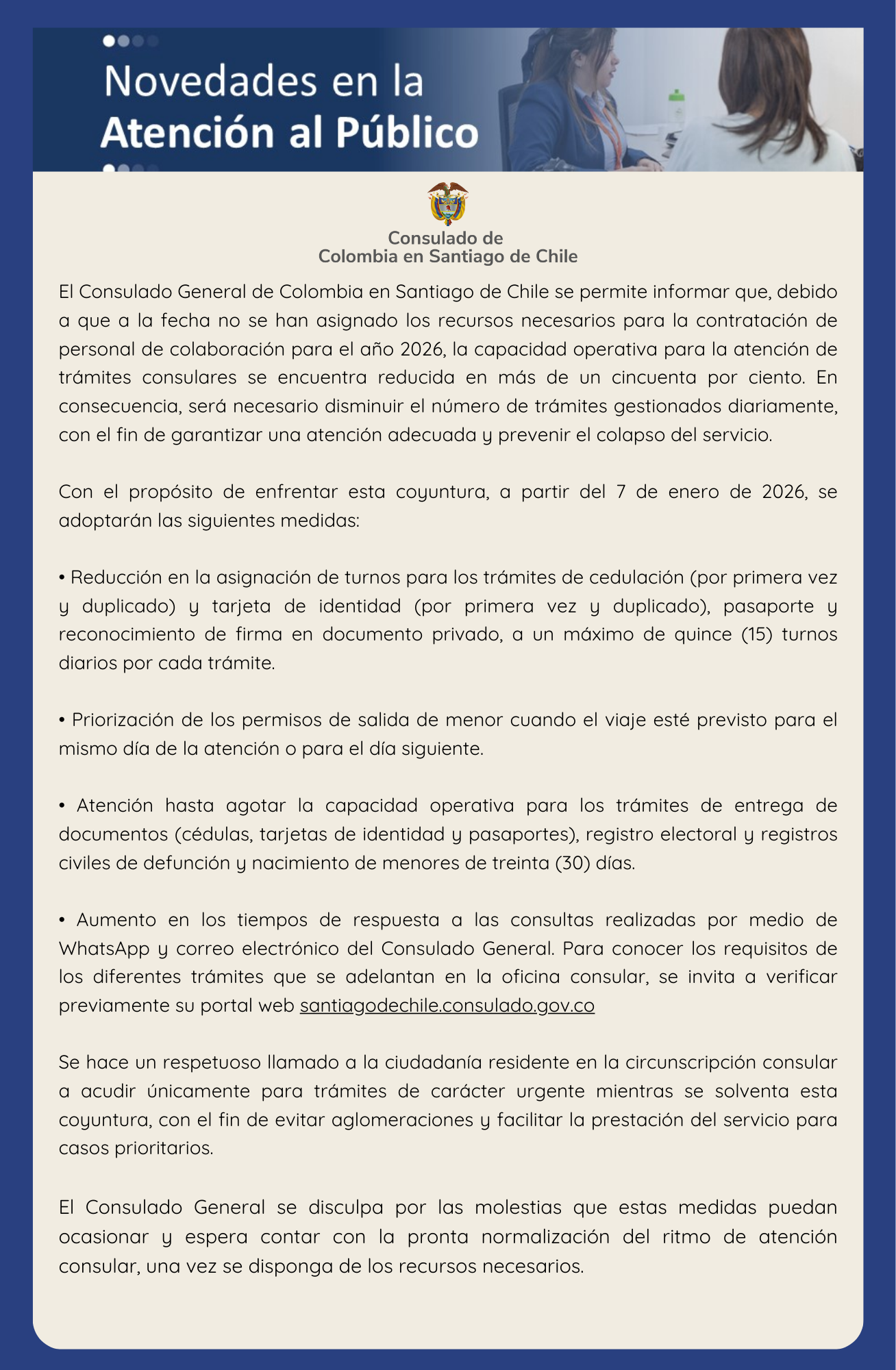 Consulado de Colombia en Santiago ajusta atención al público: por limitaciones operativas se reducirá temporalmente el número de trámites diarios para garantizar un mejor servicio