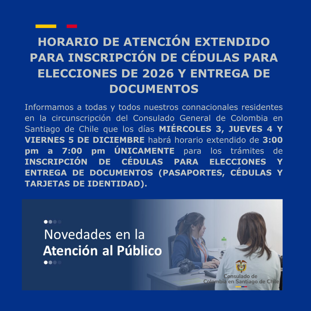Horario de atención extendido para inscripción de cédulas para Elecciones de 2026 y entrega de documentos los días 3, 4 y 5 de diciembre de 2025