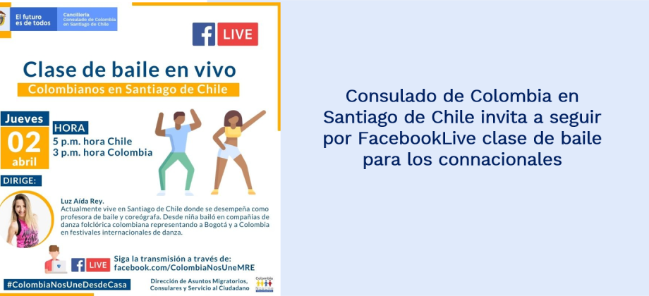 Consulado de Colombia en Santiago de Chile invita a seguir por FacebookLive clase de baile para los connacionales