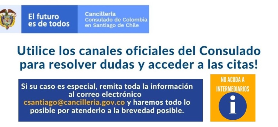 Utilice los canales oficiales del Consulado de Colombia en Santiago de Chile para resolver dudas