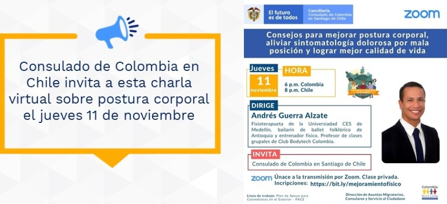 Inscríbase en la charla sobre consejos para mejorar la postura corporal este jueves 11 de noviembre organizado por el Consulado de Colombia en Santiago de Chile 