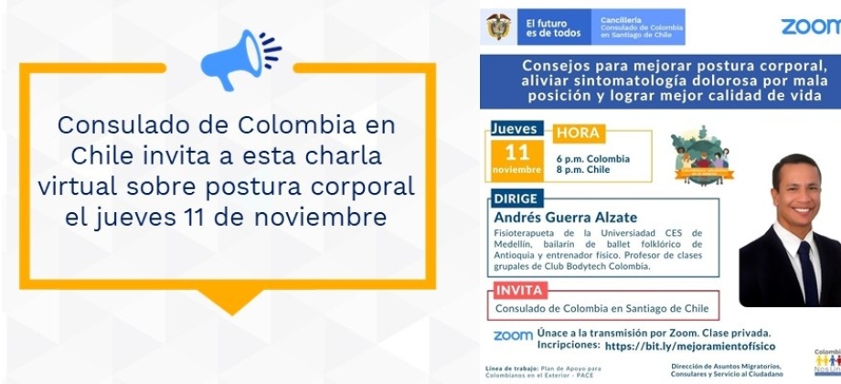 Inscríbase en la charla sobre consejos para mejorar la postura corporal este jueves 11 de noviembre organizado por el Consulado de Colombia en Santiago de Chile 