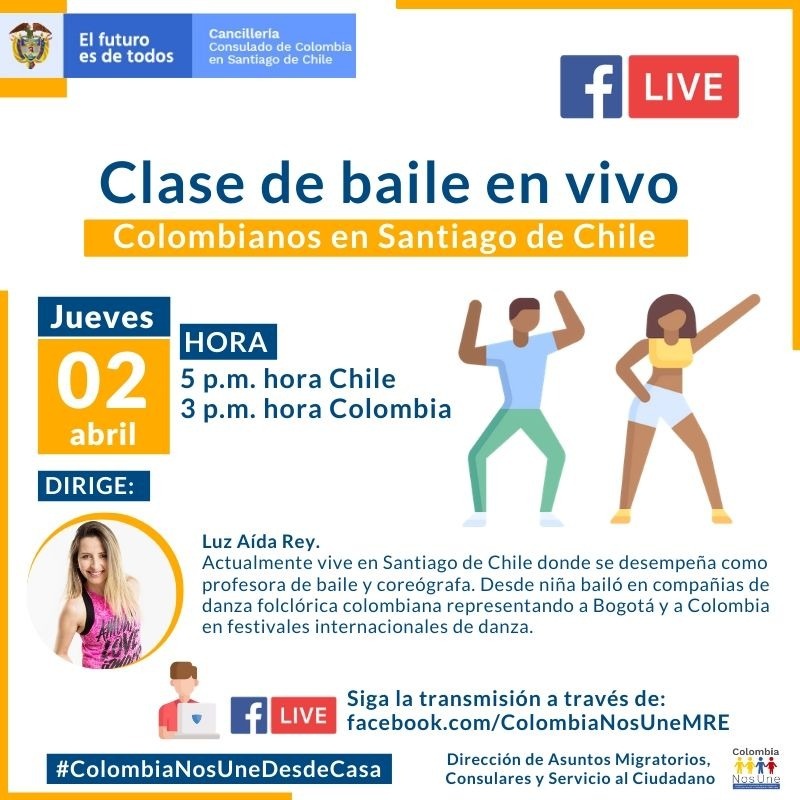 Consulado de Colombia en Santiago de Chile invita a seguir por FacebookLive clase de baile para los connacionales