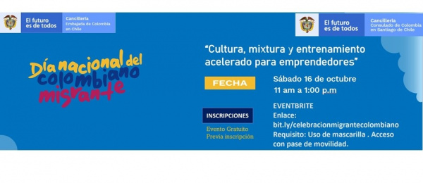 Consulado de Colombia en Santiago de Chile invita al evento “Cultura, mixtura y entrenamiento acelerado para emprendedores” el 16 de octubre de 2021