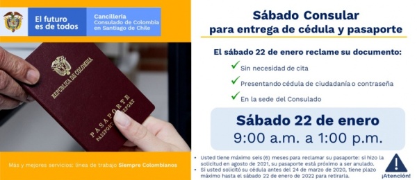 Sábado Consular para entrega de pasaportes y cédulas de ciudadanía el 22 de enero