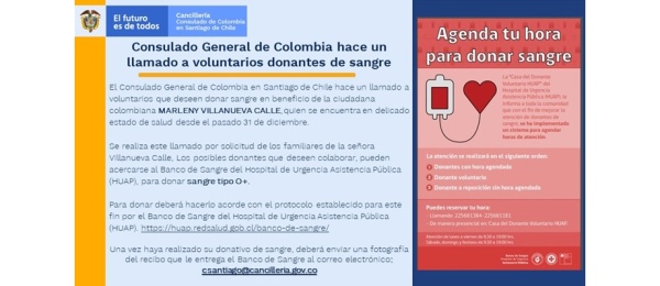 El Consulado de Colombia en Santiago de Chile hace un llamado a donantes de sangre 