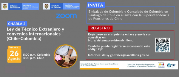 El Consulado de Colombia en Santiago de Chile invita a la charla virtual Ley de Técnico extranjero y convenios internacionales, el 26 de agosto de 2021