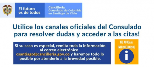 Utilice los canales oficiales del Consulado de Colombia en Santiago de Chile para resolver dudas