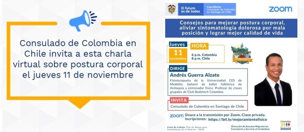 Inscríbase en la charla sobre consejos para mejorar la postura corporal este jueves 11 de noviembre organizado por el Consulado de Colombia en Santiago de Chile 